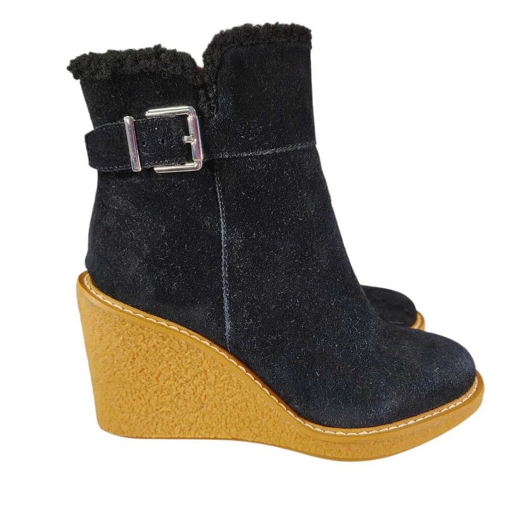 Franco Sarto Wedge Ankle Boots sz 7.5M Women Black Suede Leather Ulayna Sherpa‎